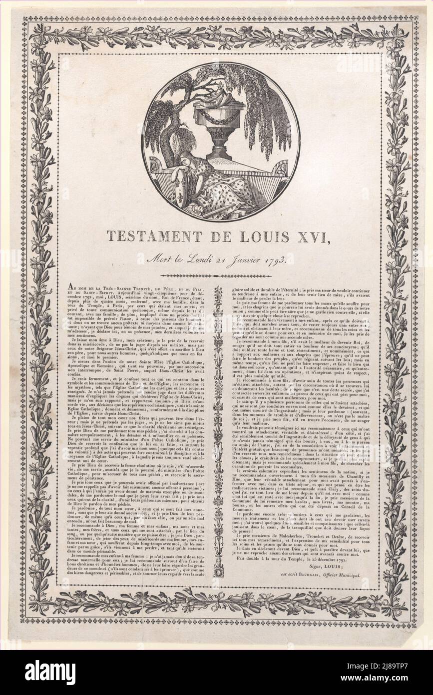 The last words of Louis XVI (Testament de Louis XVI), 17931800 Stock