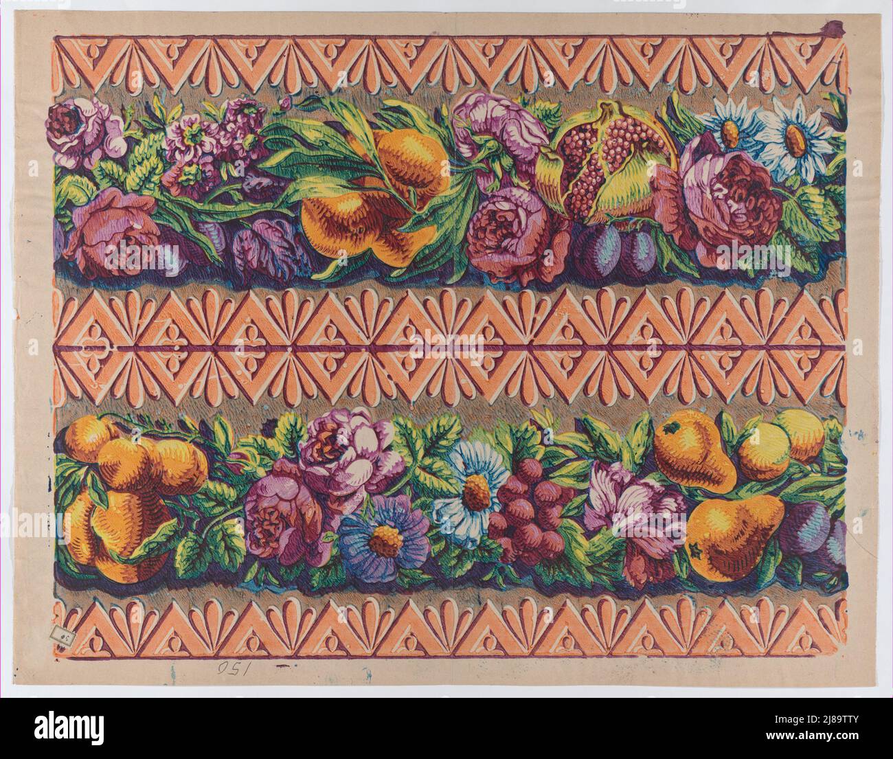 Sheet with a border with two garlands of fruit, leaves, and flowers ...