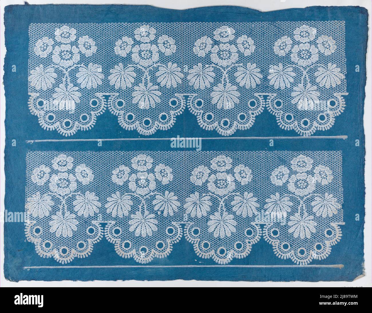 Blue sheet with two borders with a white floral and lace pattern, late ...