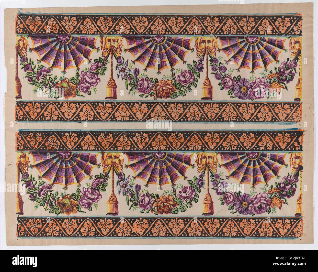 Sheet with two borders with three fans and floral garlands, late 18th ...