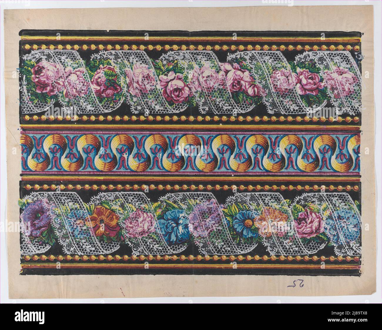 Sheet with a border with floral garlands and lace on a black background ...