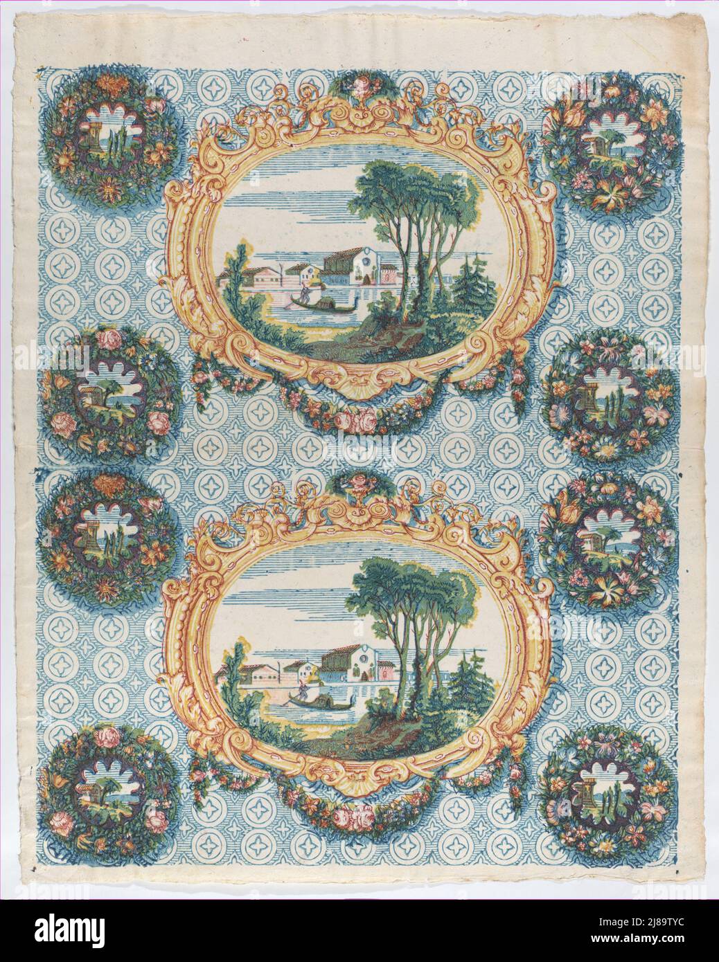 Sheet with two borders with landscapes within frames and wreaths, late ...