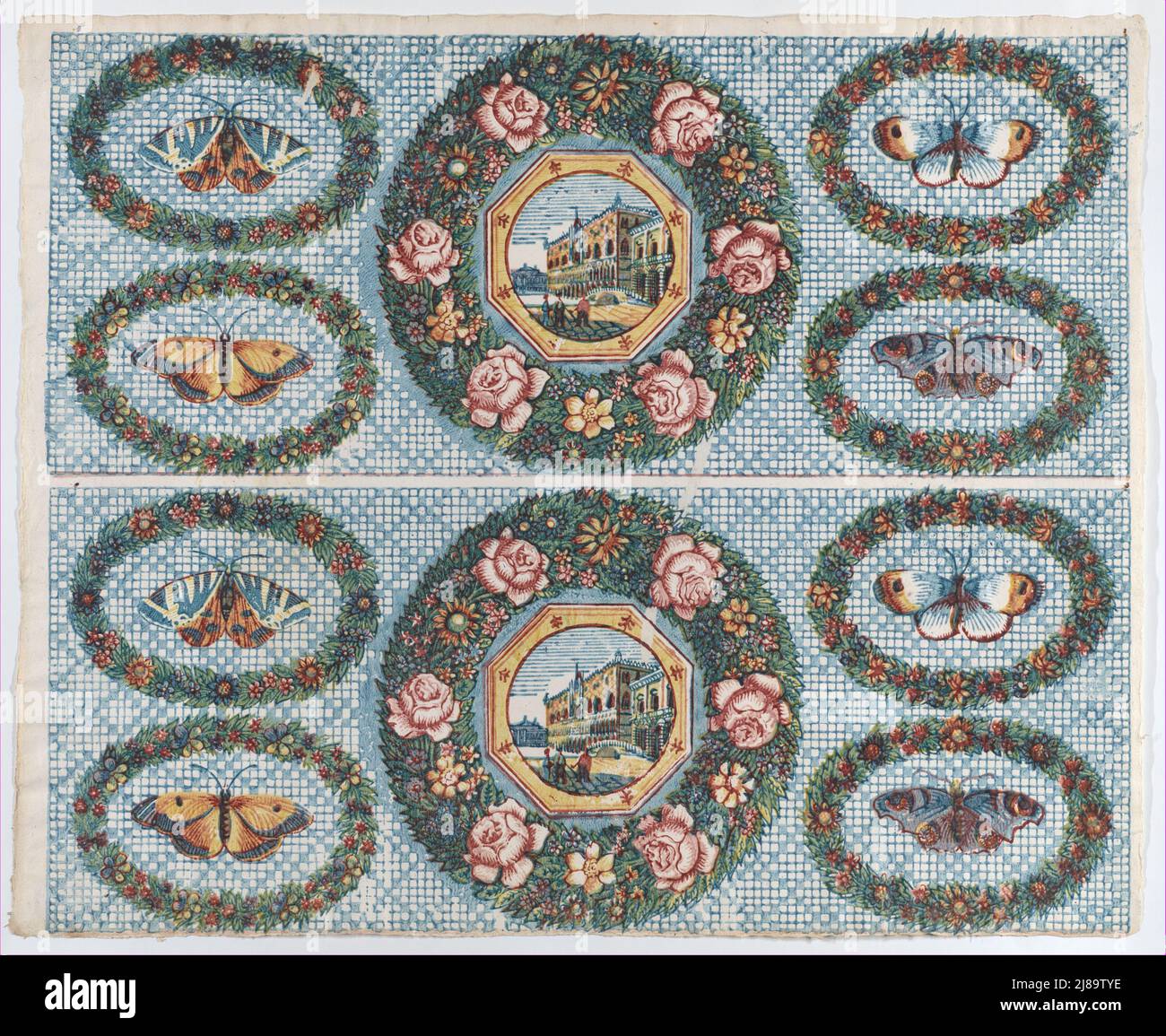 Sheet with two borders with landscapes and moths within wreaths, late ...