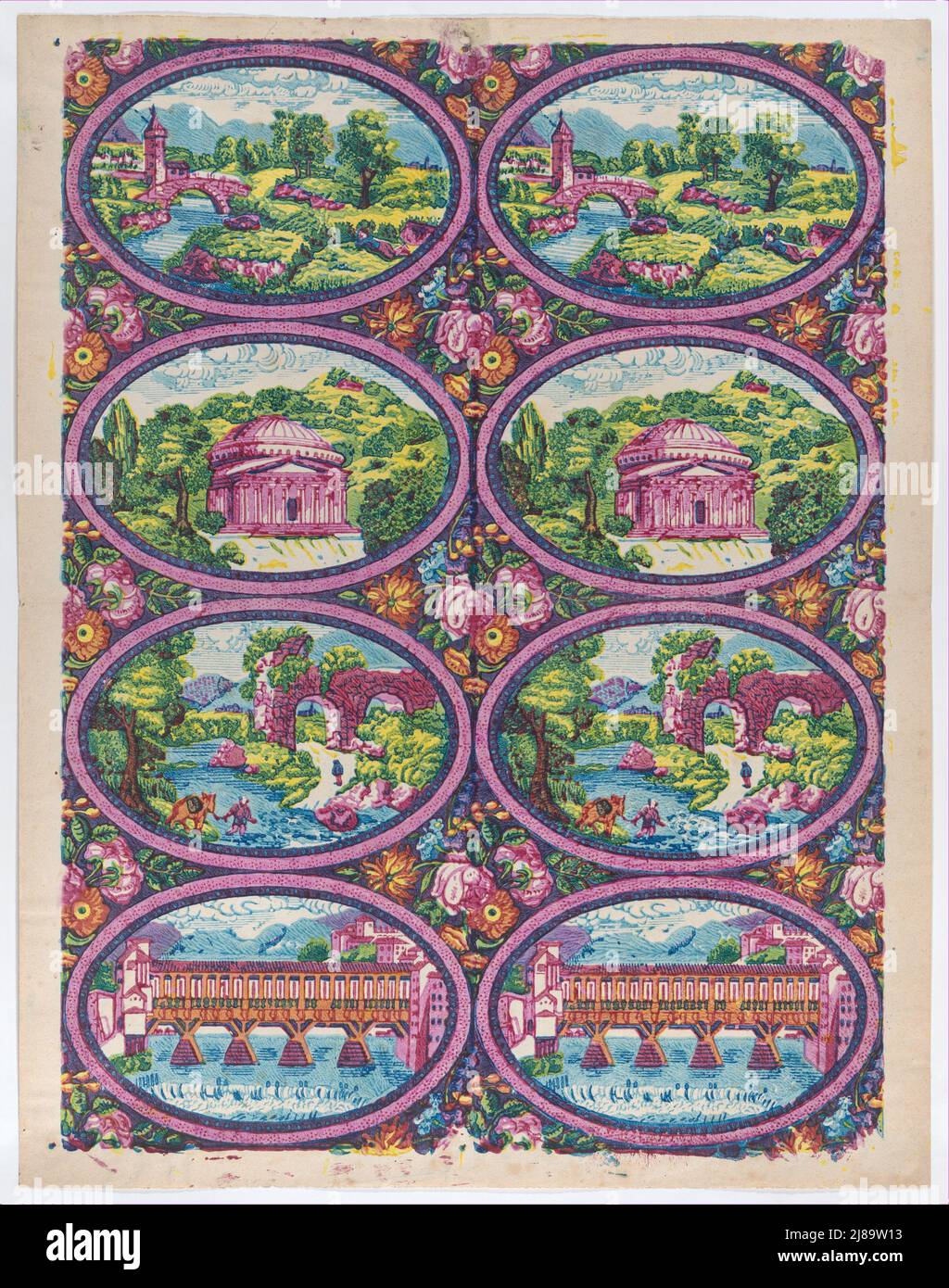 Sheet with two borders with Italian landscapes, late 18th-mid-19th ...
