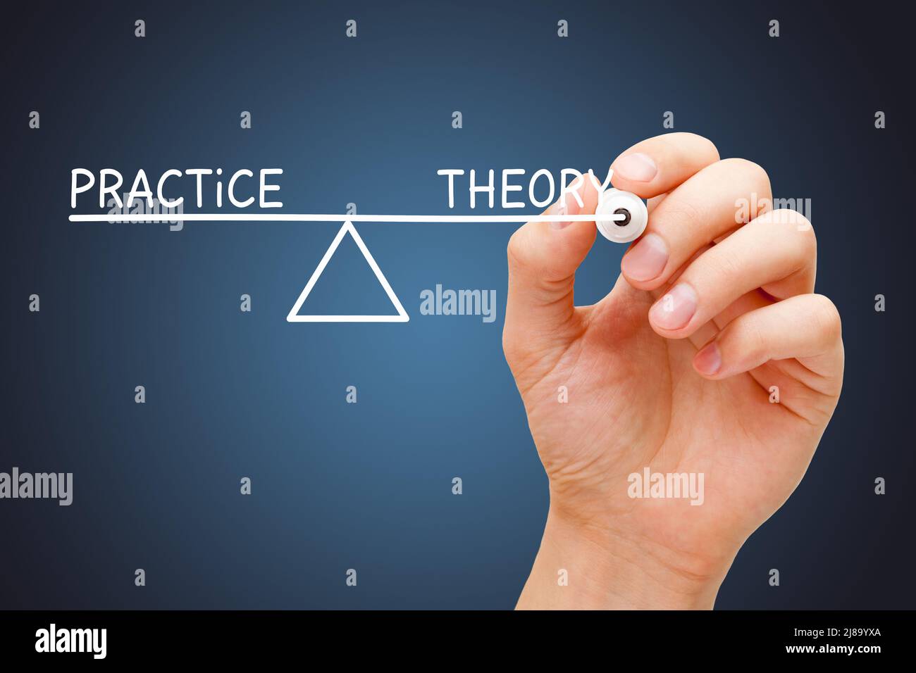Hand drawing a business concept about the importance of Practice and Theory balance. Stock Photo