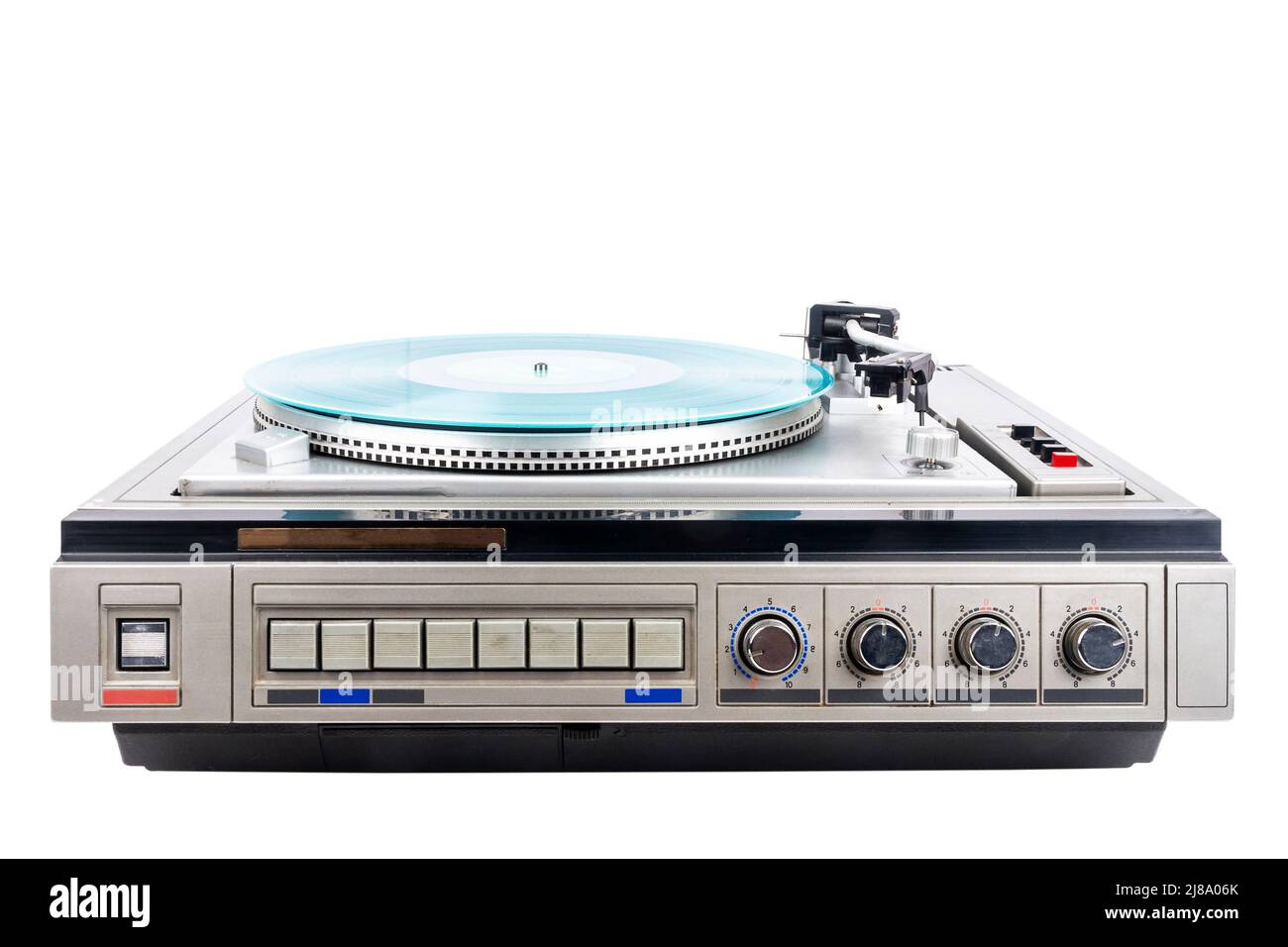 Vintage turntable record player with turquoise vinyl isolated on white ...