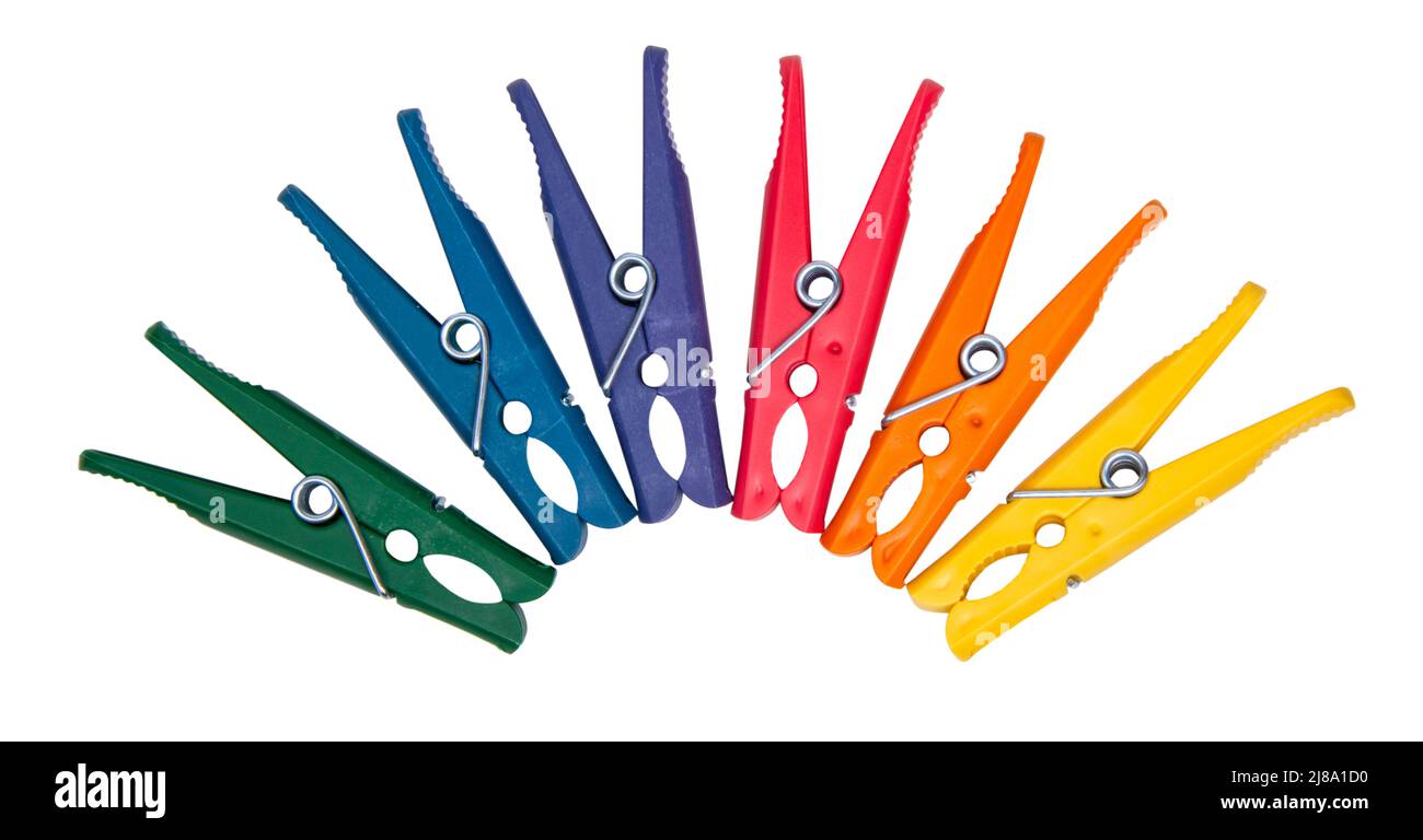 Clothes pegs or pin multicolor for house isolated on the white background Stock Photo