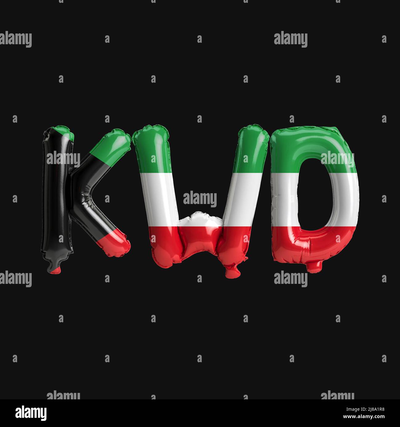 3d illustration of currency kwdletter balloons with flags color kuwait