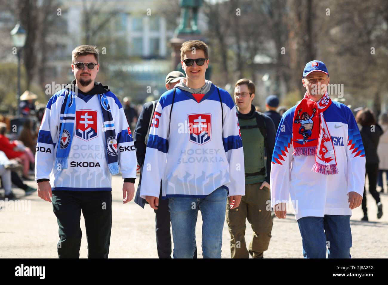 Fans of the Slovakian national ice hockey team seen walking in Helsinki city center. On May 13, the Ice Hockey World Championship 2022 began in Finland. Hockey fans from many countries arrived in Helsinki and Tampere, the citys where the matches will take place. Stock Photo