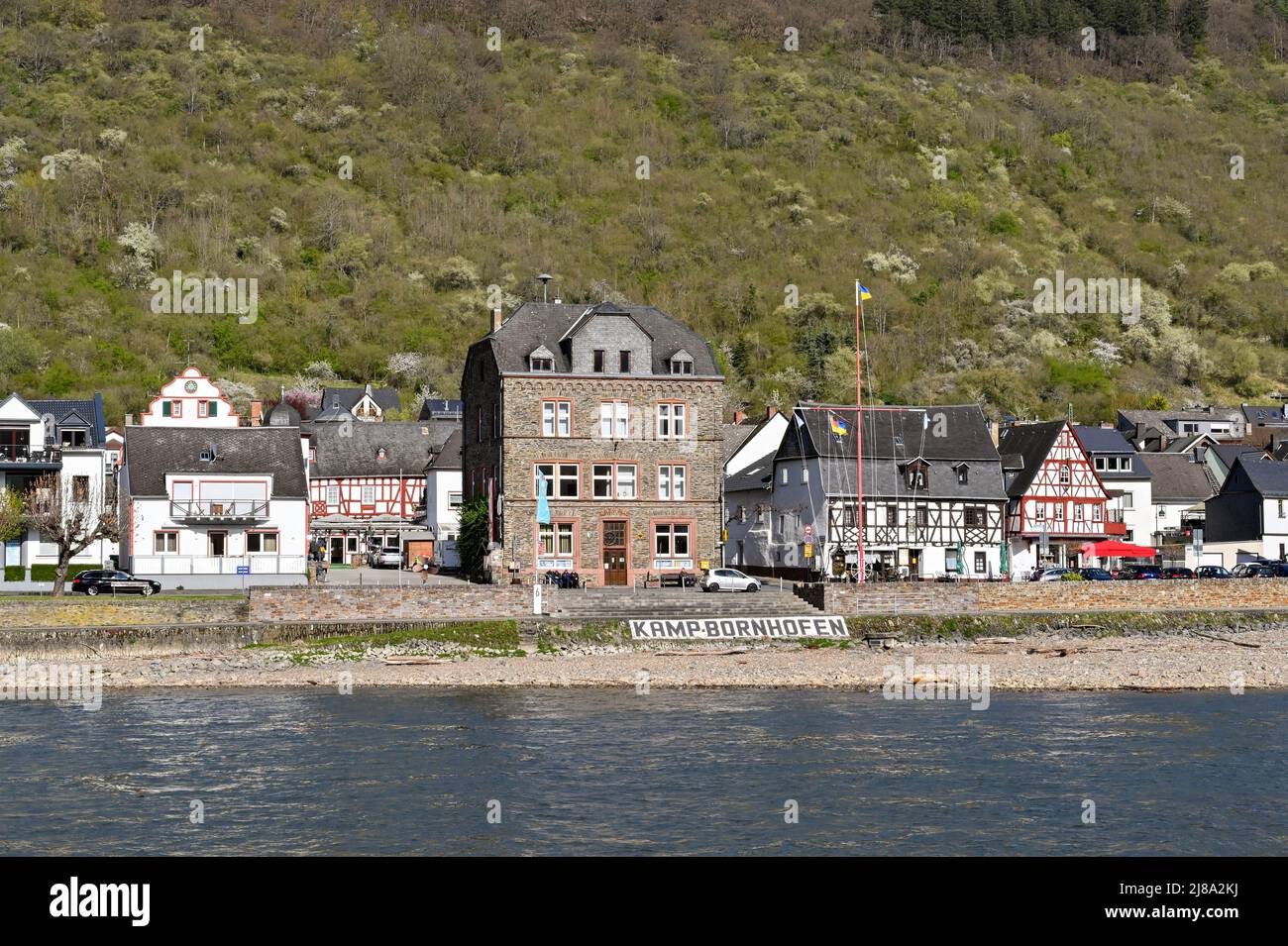 Kamp Bornhofen, Germany April 2022 Waterfront buildings in Kamp