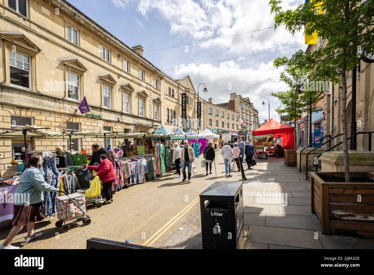 Friday open air street market in Chippenham, Wiltshire, UK on 13 May 2022 Stock Photo
