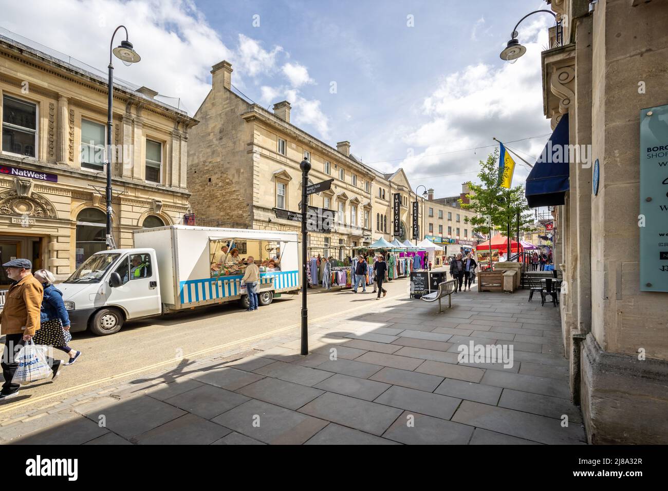 Friday open air street market in Chippenham, Wiltshire, UK on 13 May 2022 Stock Photo
