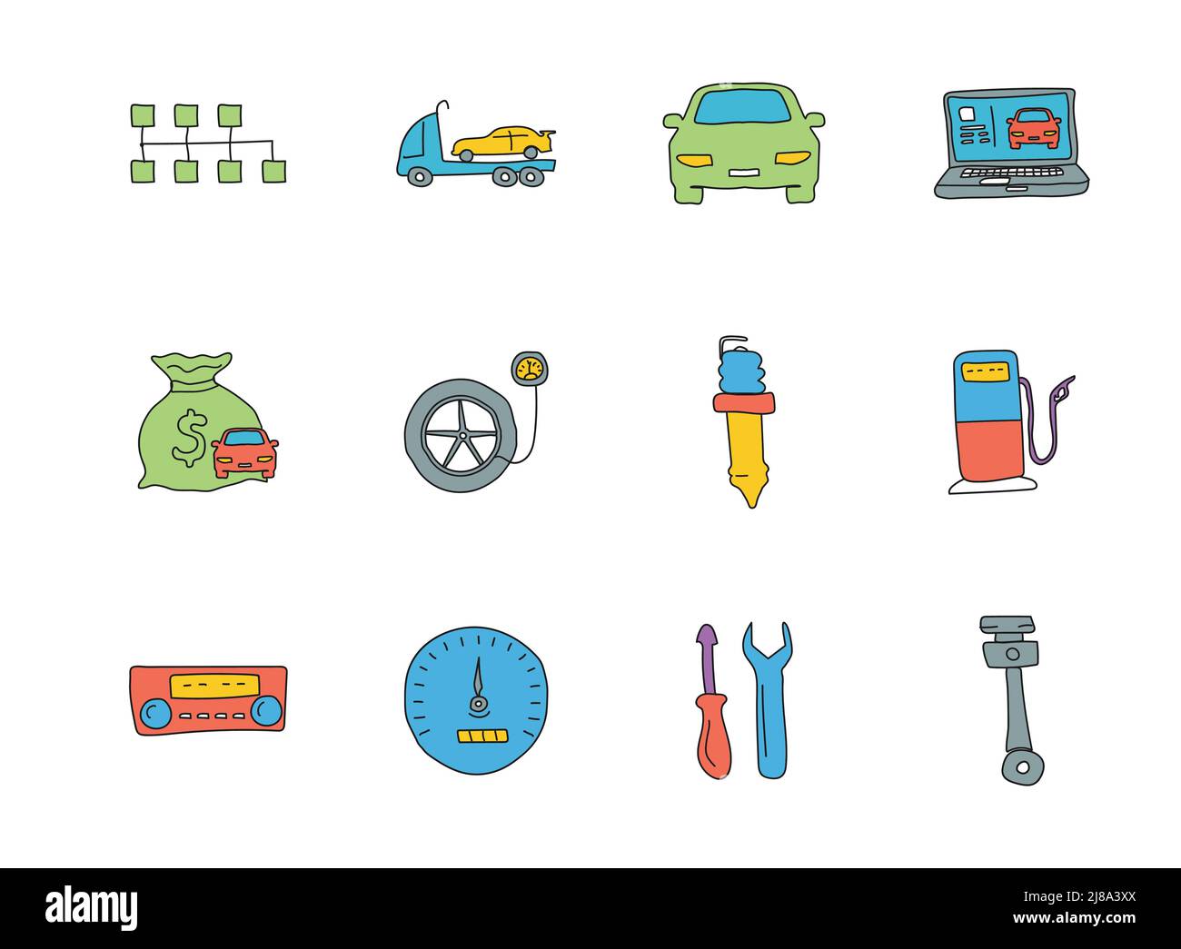 car service hand drawn linear vector icons Stock Vector