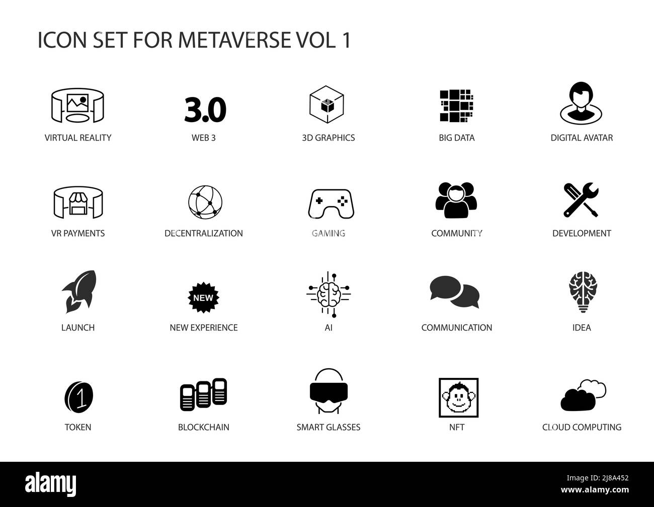 Metaverse vector icon set. Various symbols for the meta verse concept. Stock Vector