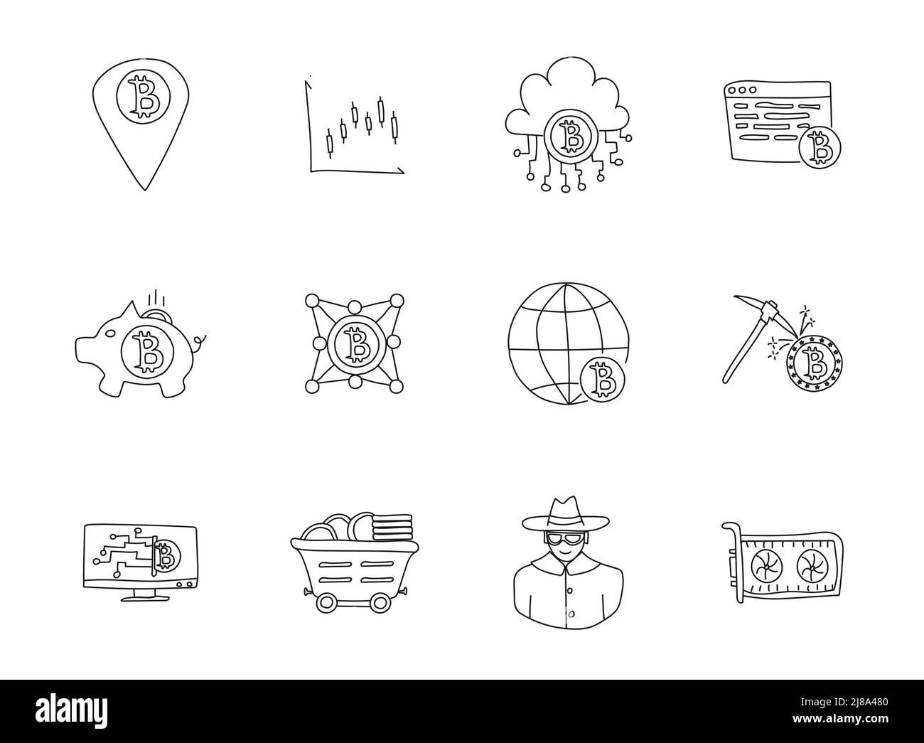 bitcoin doodles isolated on white. Stock Vector
