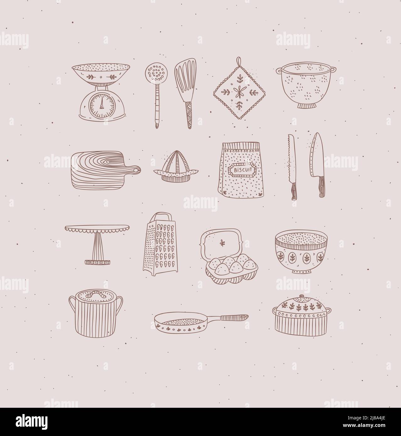 Set of kitchen tools and cooking icons drawing in handmade graphic primitive casual style on peach background. Stock Vector