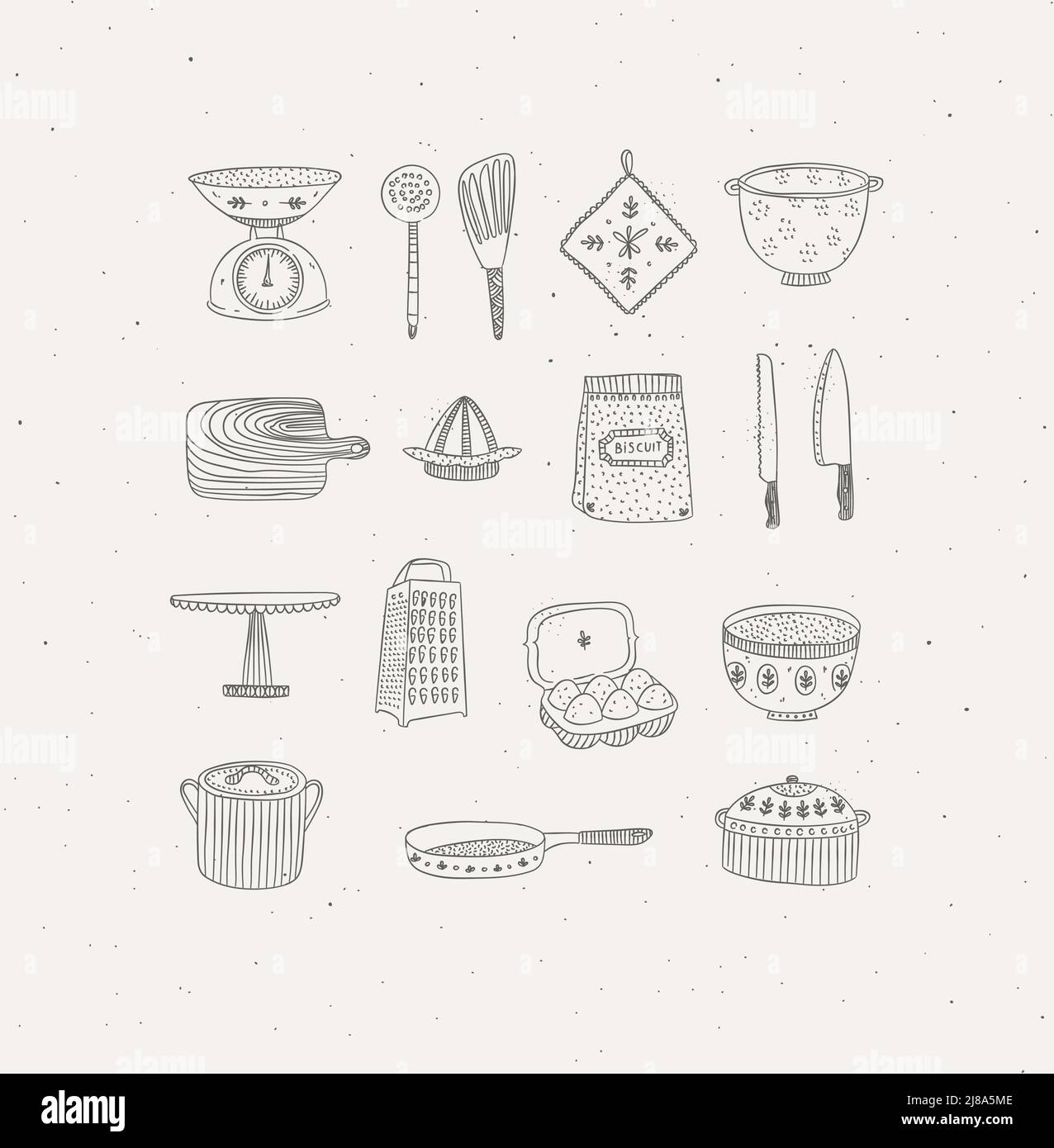 Set of kitchen tools and cooking icons drawing in handmade graphic primitive casual style on grey background. Stock Vector