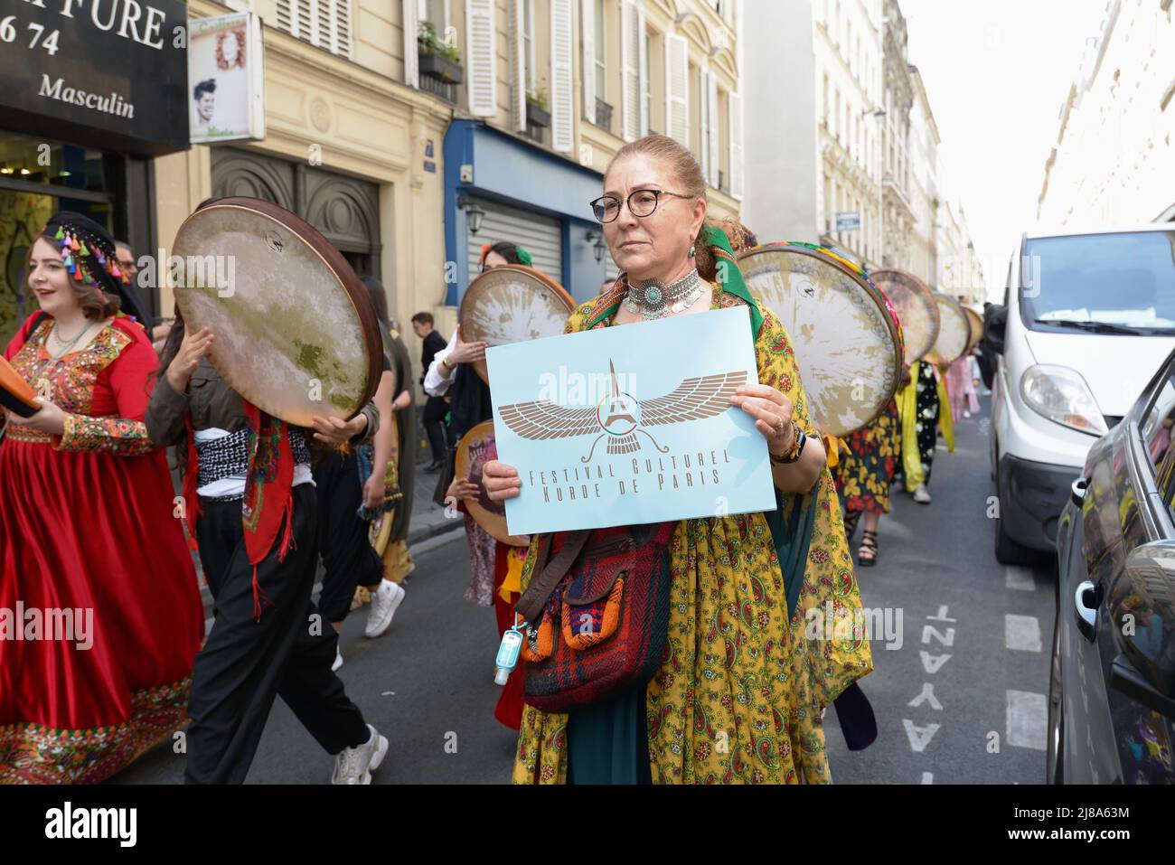 1st Kurdish cultural festival in Paris. A parade in traditional costumes and street orchestra took place in the 10th arrondissement of Paris Stock Photo