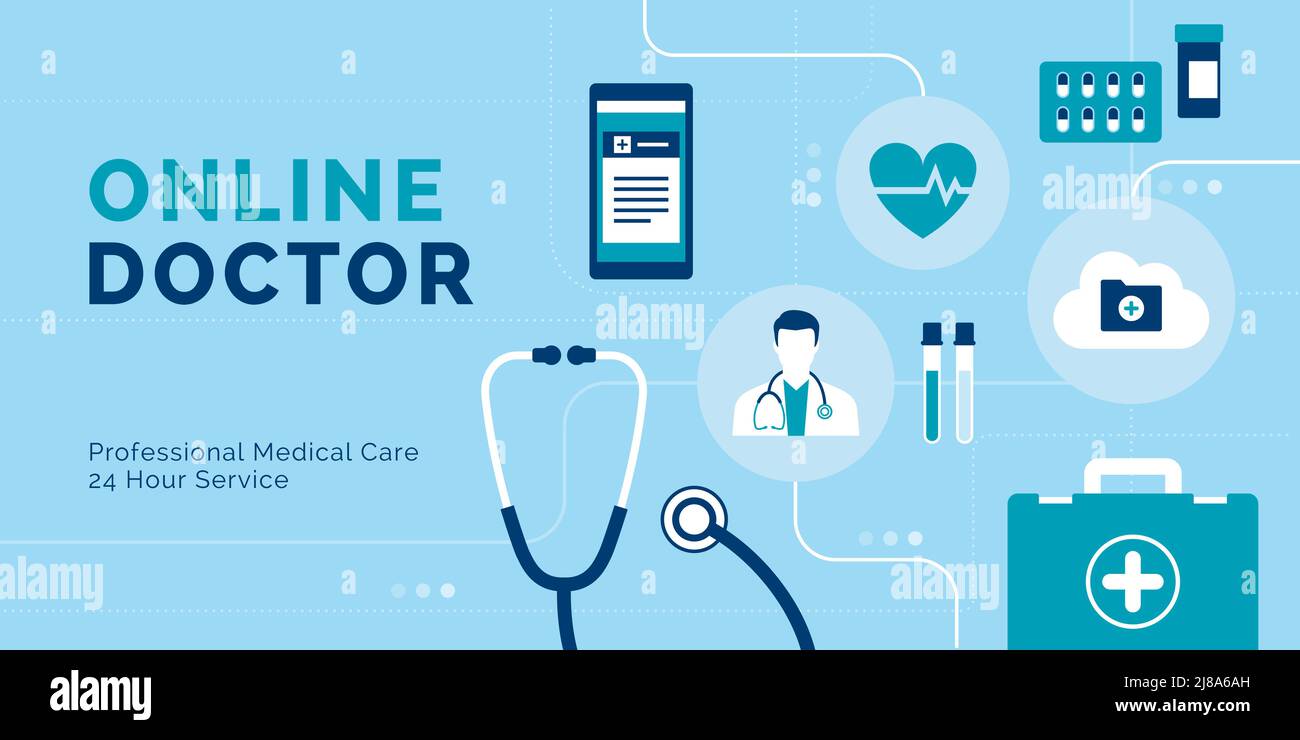 Online doctor and telemedicine service banner, medical equipment and