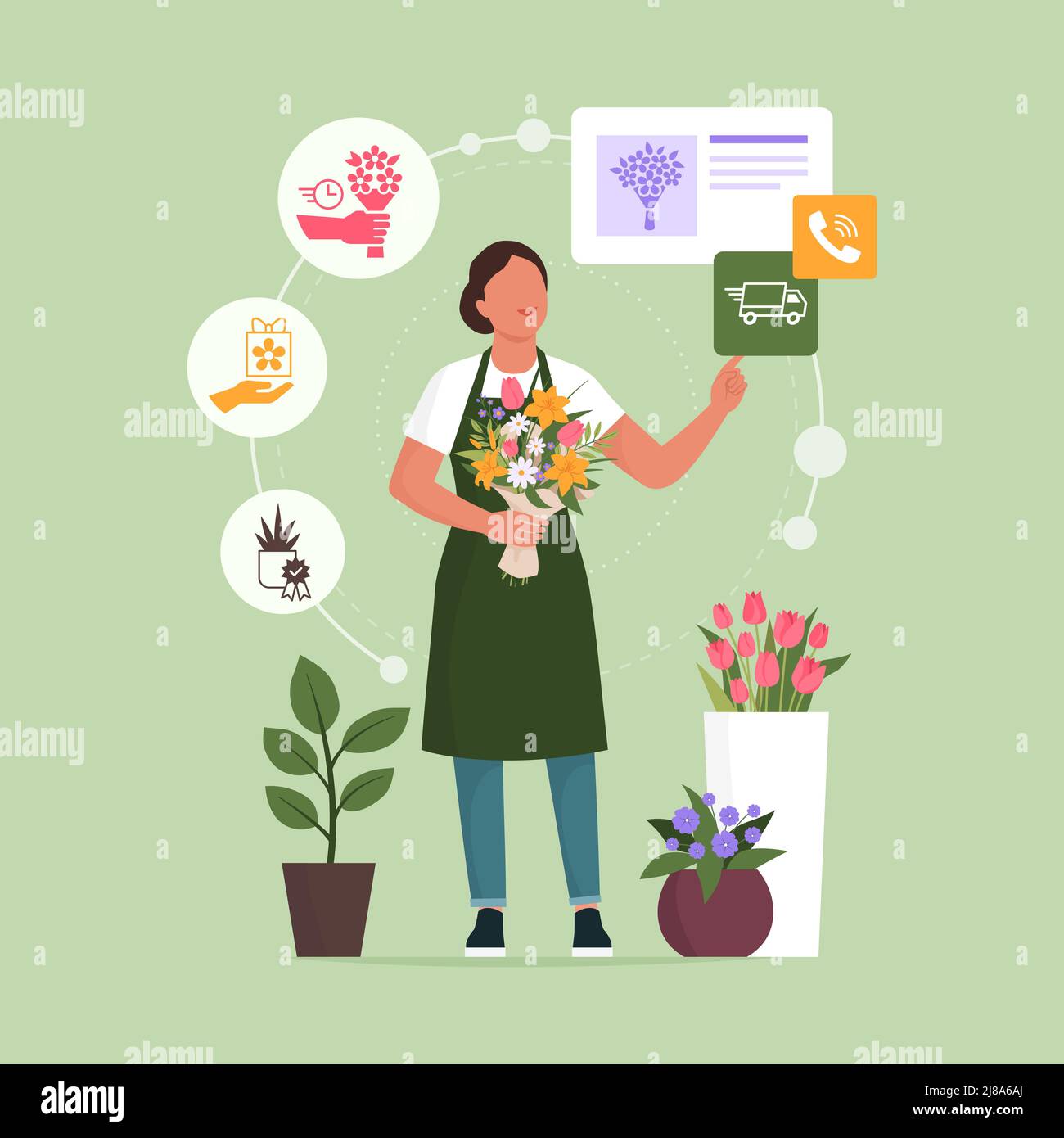 Professional florist taking orders online, she is holding a beautiful flower bouquet and interacting with a user interface Stock Vector