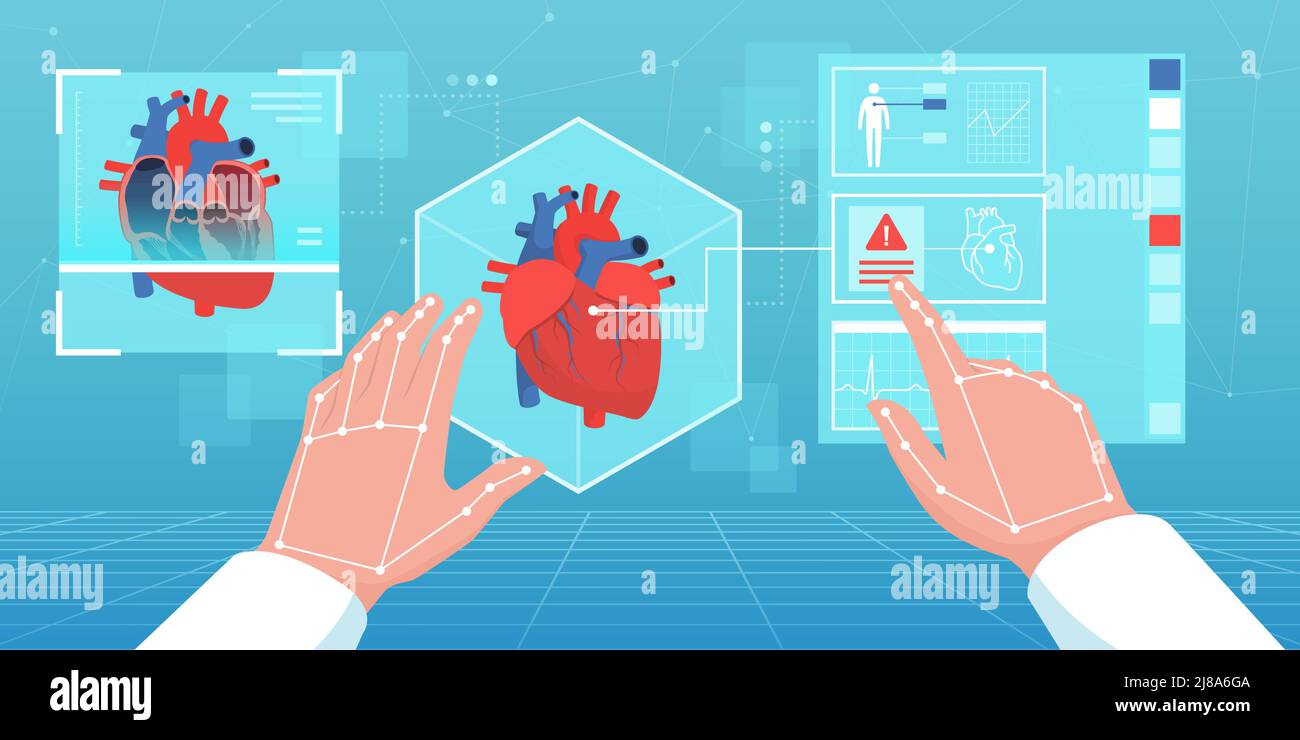 Doctor examining a patient's heart and electronic medical records in the metaverse virtual reality, innovative medicine concept Stock Vector
