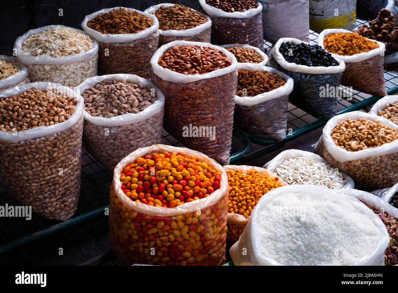 bags of nuts, seeds and ingredients on food market (Suq, Damascus) Stock Photo