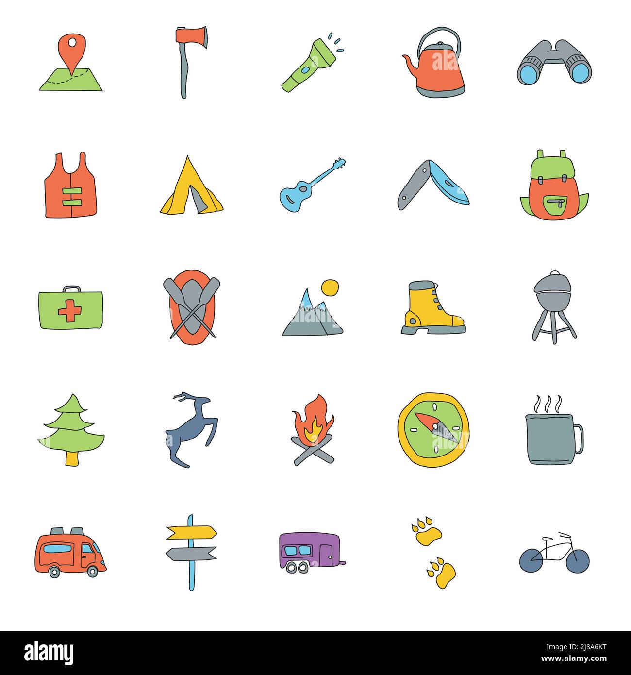 camping hand drawn linear doodles Stock Vector