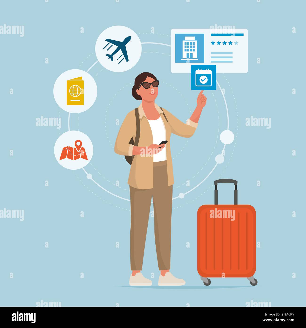 Tourist woman traveling alone and using online travel service apps, she is booking a hotel room Stock Vector