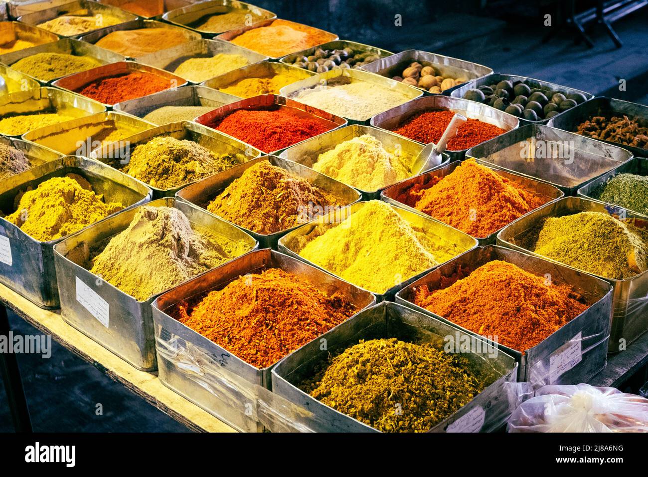 Herbal  and spice market stall at basar (Suq Al Hamidiyah) in Damascus Stock Photo