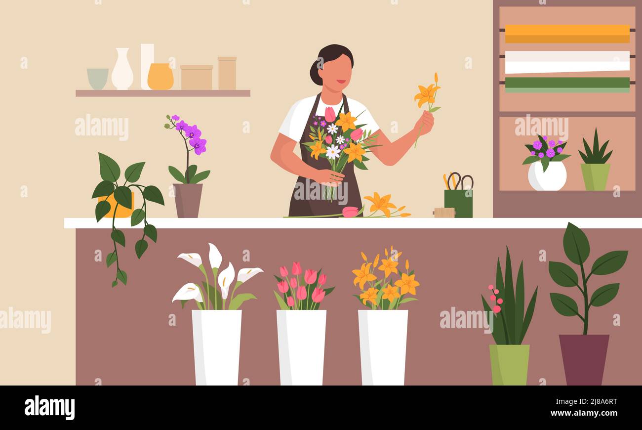 Professional florist working in her flower shop she is preparing a beautiful gift bouquet Stock Vector