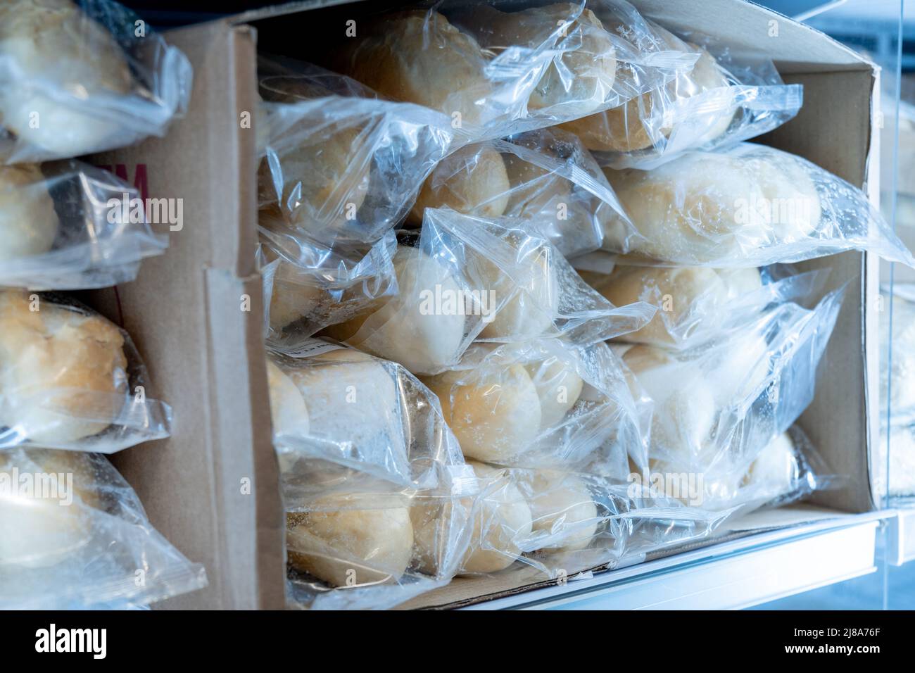 Frozen bread in the refrigerator, long life food storage concept Stock