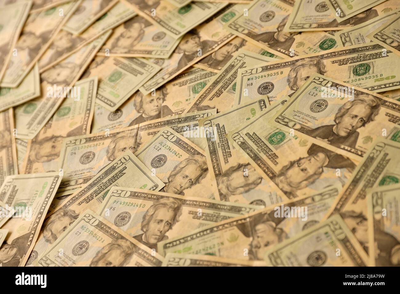 Big amount of old 20 dollar bills details on macro photography. Money