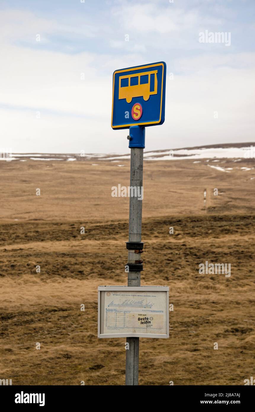 Hvammstangi, Iceland, May 2, 2022: the town's busstop in an empty landscape at 5 km south of the time along the ringroad between Reykjavik and Akureyr Stock Photo