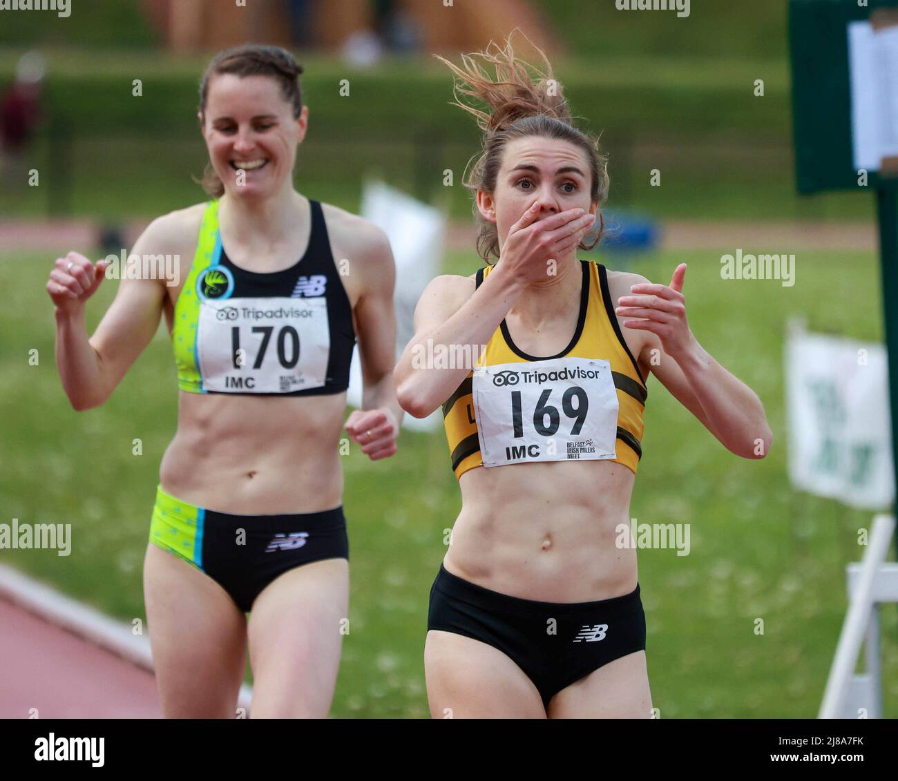 Mary Peters Track, Belfast, Northern Ireland, UK. 14 May 2022. Belfast Irish Milers Meet, sponsored by Tripadvisor, the event has World Athletics Continental Tour status, underway in Belfast. Action from today's event. New Irish track record -  Louise Shanahan (169) breaks the Irish 800m held by Ciara Mageean (170). Time 1:59.42. for the Leevale AC athlete. Both runners are the only two Irishwomen to have been inside 2minutes for the distance. Credit: David Hunter/Alamy Live News. Stock Photo