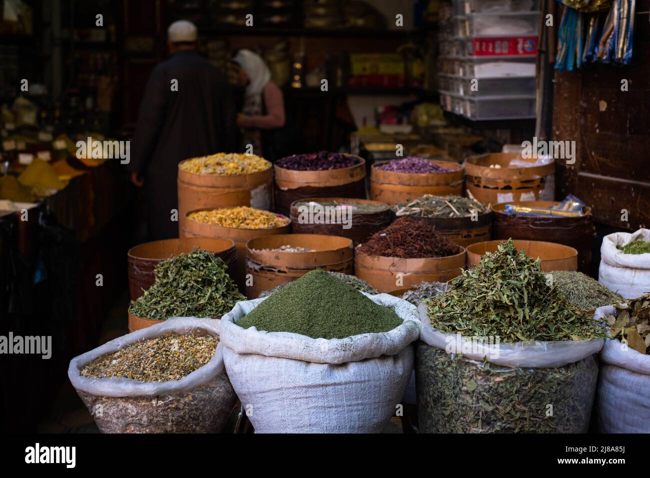 Herbals  and spices at food market stall (Suq Al Hamidiyah) in Damascus Stock Photo