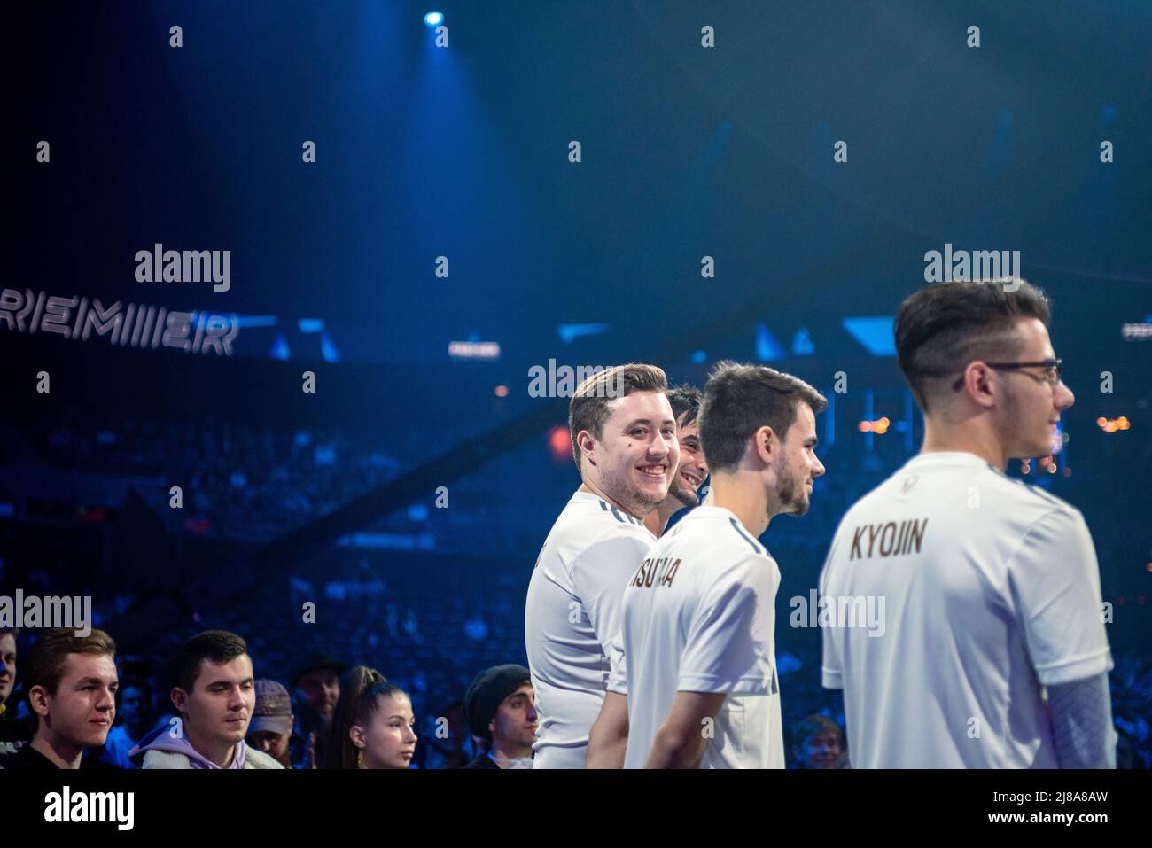 Zywoo on the smaller stage with his team around him. Stock Photo