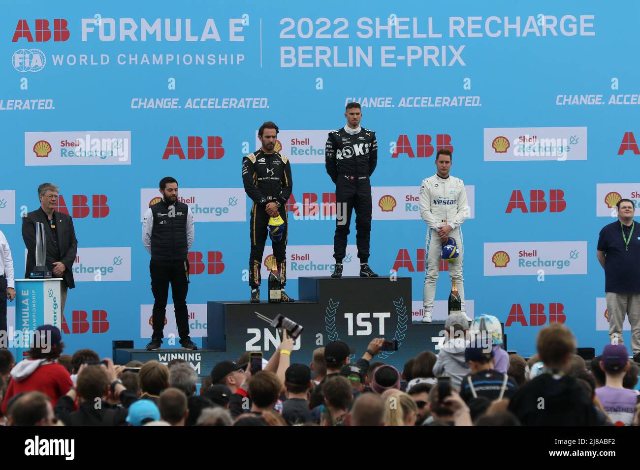 Germany, Berlin, May 14, 2022. Jean-Éric Vergne, Edoardo Mortara and Stoffel Vandoorne at the award ceremony. Edoardo Mortara of Team ROKiT Venturi Racing wins Round 7 of the 2021/22 ABB FIA Formula E Championship. Jean-Éric Vergne of Team DS TECHEETAH wins second place and Stoffel Vandoorne of Team Mercedes-EQ wins third place. The Shell Recharge Berlin E-Prix 2022 will be in Berlin on May 14th and 15th, 2022 with a double race for the eighth time. The 2021/2022 electric racing series will take place at the former Tempelhof Airport. Stock Photo