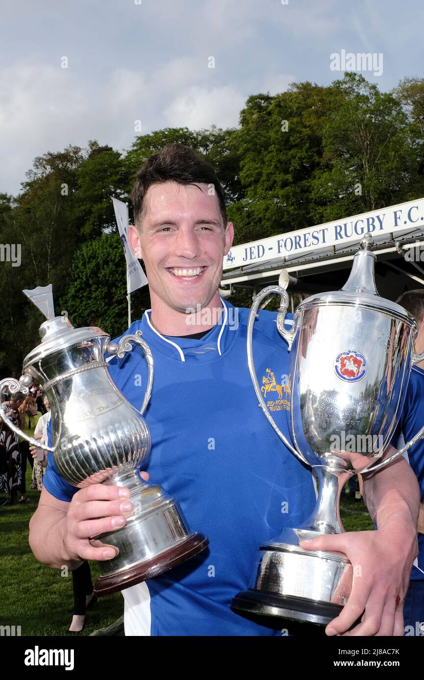 The Starrett JedForest Sevens, the 119th playing of the tournament, Final - Jedforest vs Edinburgh Accies. Jedforest Captain, Gregor Young, with both The Kings of the 7s (LEFT) and the Tournament Trophy (RIGHT) Jedforest 28 - Edin Accies 5 Jedforest win the tournament as well as lifting the Kings of the 7s series trophy. (Image Credit: Rob Gray/Alamy Live News Stock Photo