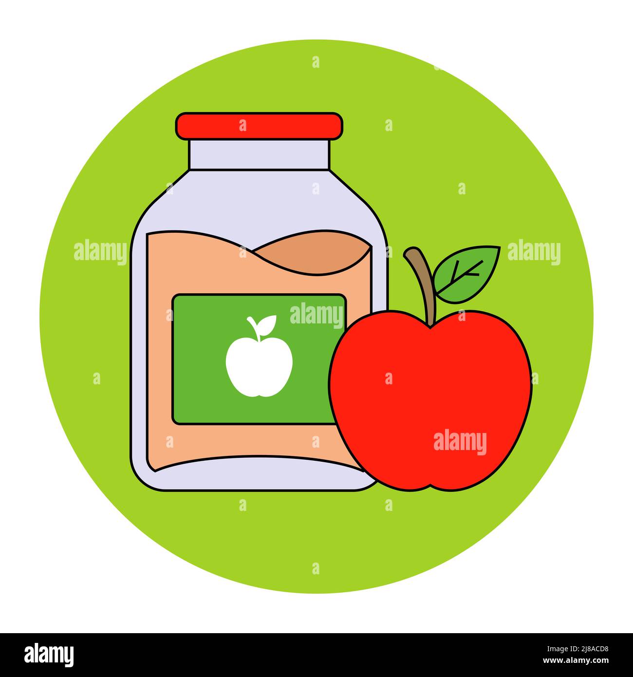 fruit applesauce in a glass jar. spoon with baby food. flat vector