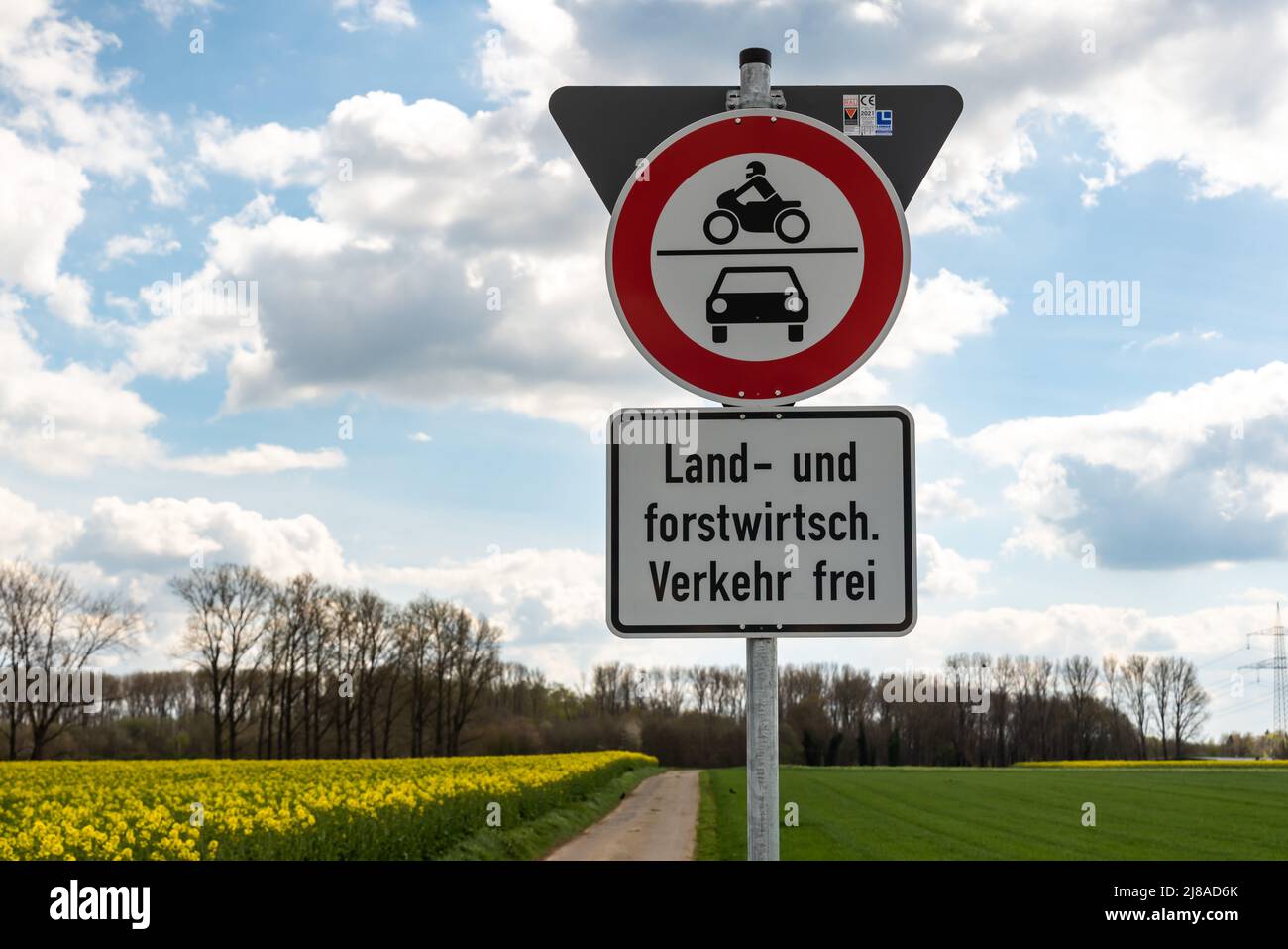 Heinsberg, Germany - 04 16 2022 - Road sign prohibiting motorised traffic except agriculture vehicles Stock Photo