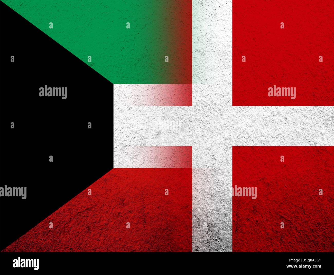 the Kingdom of Denmark National flag with The State of Kuwait National flag. Grunge Background Stock Photo