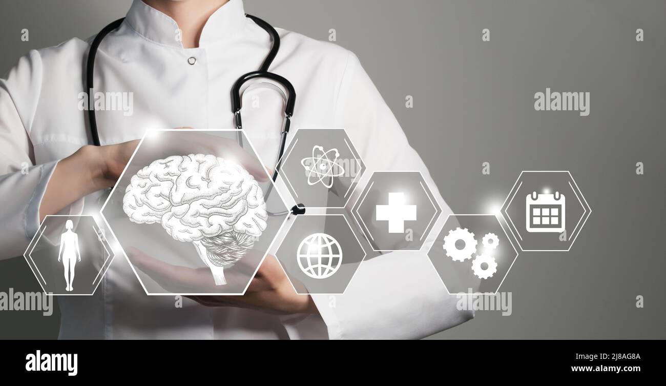 Telemedicine and human Brain recovery concept. Grey color palette, copy
