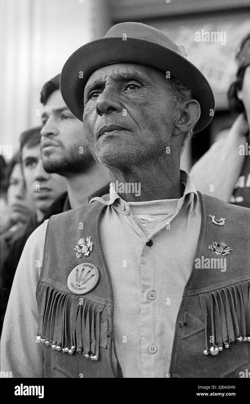 Washington, D.C. (07 Nov 1972: Grassroots movement American Indian Movement (AIM) arrived on Election Day ion Election Day thinking they would get publicity. Calling it the 'Trail of Broken Treaties' native Americans of all ages  from reservations across the country arrived to submit demands. Upset with reception led to them taking over and occupying the Bueeau of Indian Affairs headquaters next to Independence Mall. Fearing armed takeover they made taped windows, made weapons with scissors, or shields from chair seats. It all happened 50 years ago. They negotiated and walked out and got bused Stock Photo