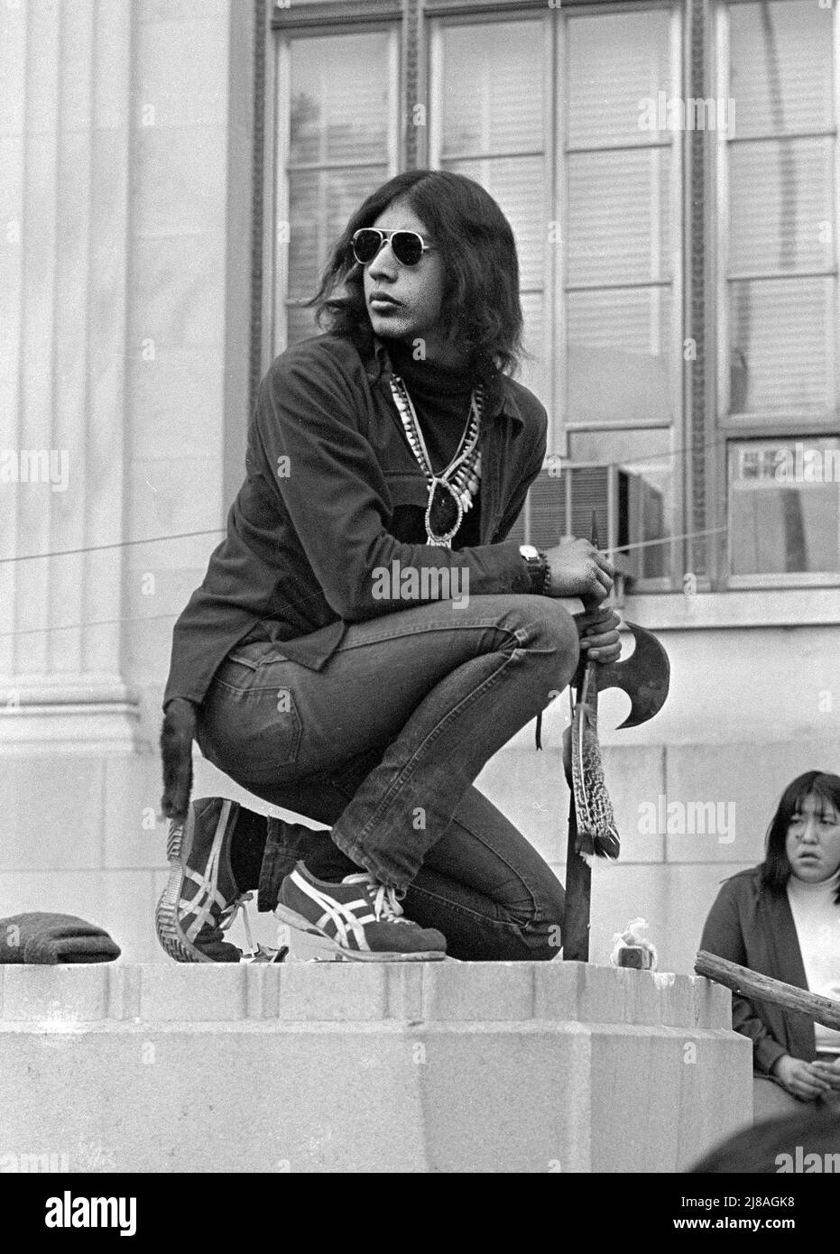 Washington, D.C. (07 Nov 1972: Grassroots movement American Indian Movement (AIM) arrived on Election Day ion Election Day thinking they would get publicity. Calling it the 'Trail of Broken Treaties' native Americans of all ages  from reservations across the country arrived to submit demands. Upset with reception led to them taking over and occupying the Bueeau of Indian Affairs headquaters next to Independence Mall. Fearing armed takeover they made taped windows, made weapons with scissors, or shields from chair seats. It all happened 50 years ago. They negotiated and walked out and got bused Stock Photo