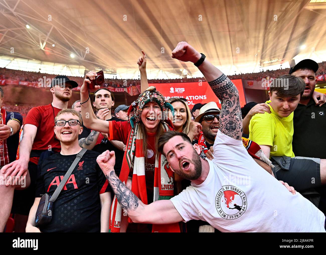 London, UK. 14th May, 2022. Liverpool fans celebrate during the FA Cup Final match between Chelsea and Liverpool at Wembley Stadium on May 14th 2022 in London, England. (Photo by Garry Bowden/phcimages.com) Credit: PHC Images/Alamy Live News Stock Photo