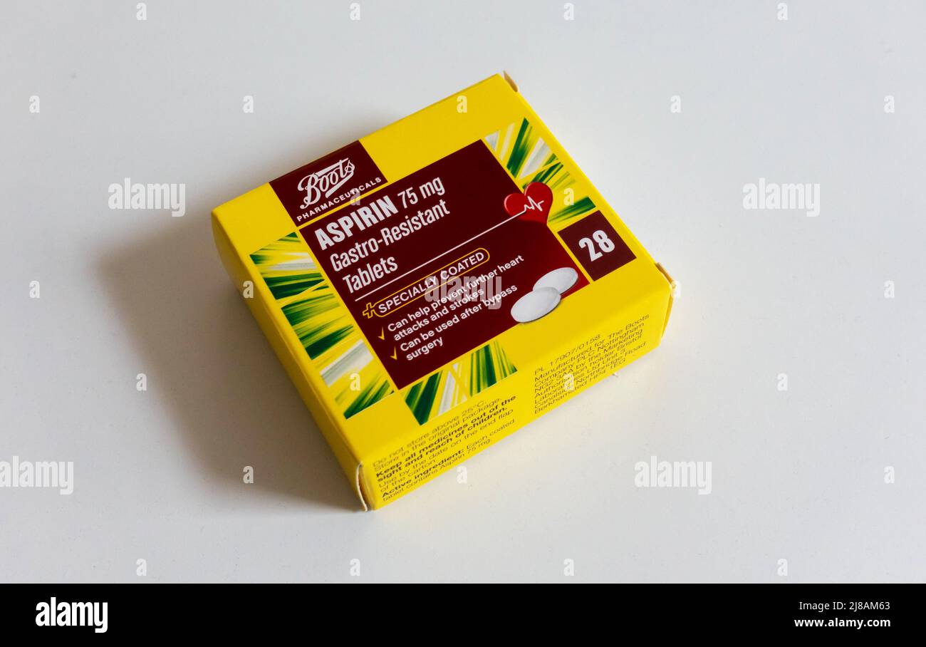 Box of 28 Gastro-Resistant 75 mg aspirin tablets Stock Photo
