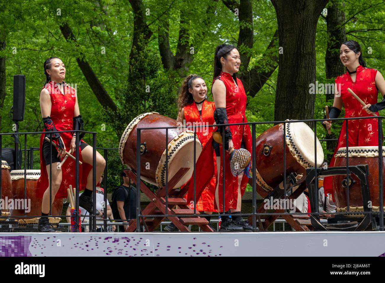 New York, USA. 14th May, 2022. Japanese drummers perform atop a float as they participate in New York City's first Japan Day Parade. Credit: Enrique Shore/Alamy Live News Stock Photo