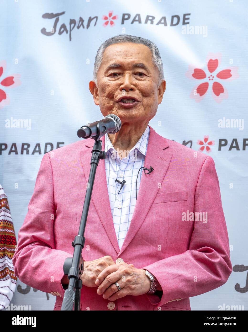 New York, USA. 14th May, 2022. Actor, social justice activist and inaugural Grand Marshall George Takei wishes everybody 'Live Long and Prosper' before participating in New York City's first Japan Day Parade. Credit: Enrique Shore/Alamy Live News Stock Photo