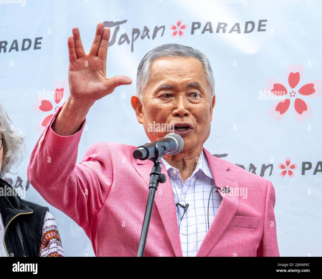 New York, USA. 14th May, 2022. Actor, social justice activist and inaugural Grand Marshall George Takei wishes everybody 'Live Long and Prosper' before participating in New York City's first Japan Day Parade. Credit: Enrique Shore/Alamy Live News Stock Photo