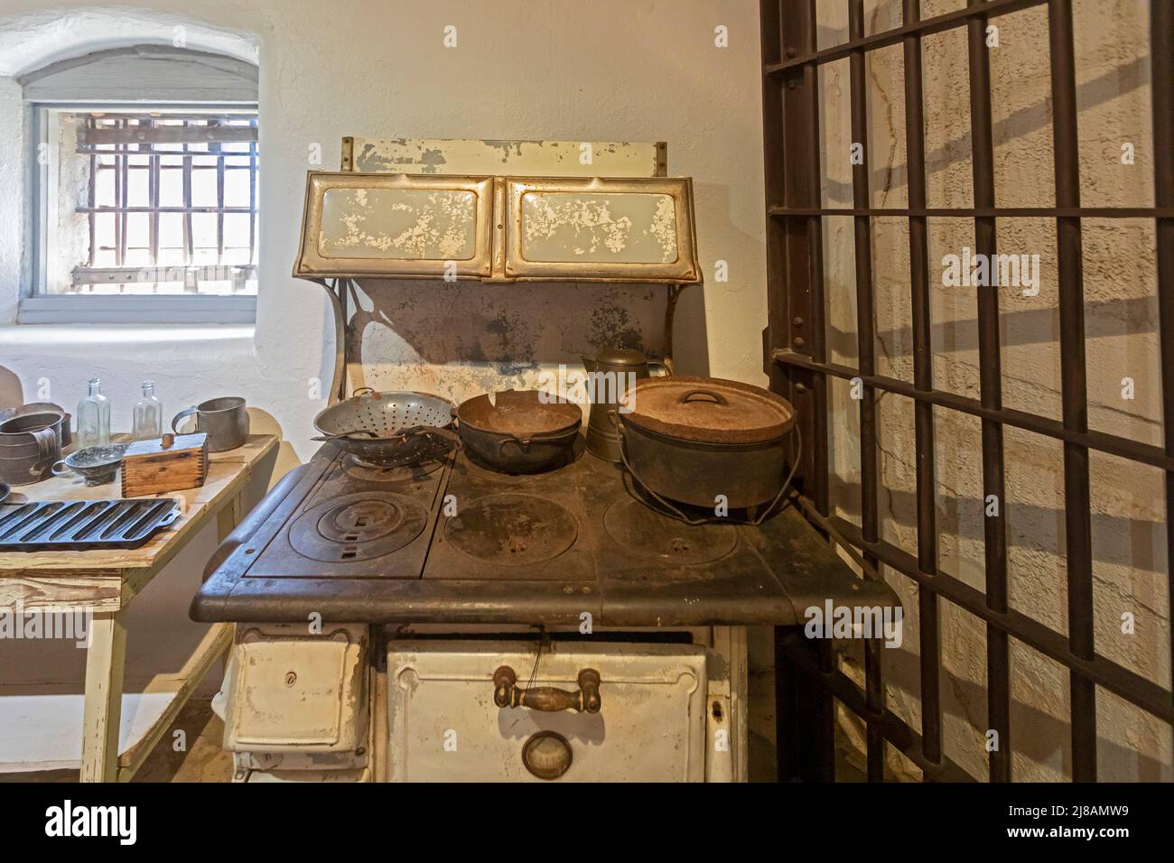 Tahlequah, Oklahoma - The jail kitchen at the Cherokee National Prison Museum. The building was used as a jail from 1875 until the 1970s. Stock Photo